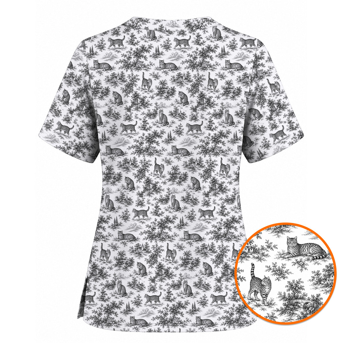 Toile de Jouy Cat Scrub Top, Crazy Cats Pattern Nursing Uniform for Cat Lovers, Vintage Feline Medical Scrubs