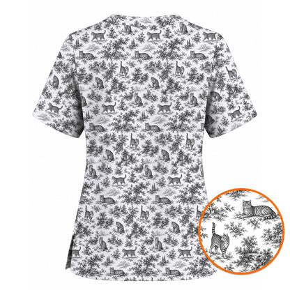 Toile de Jouy Cat Scrub Top, Crazy Cats Pattern Nursing Uniform for Cat Lovers, Vintage Feline Medical Scrubs