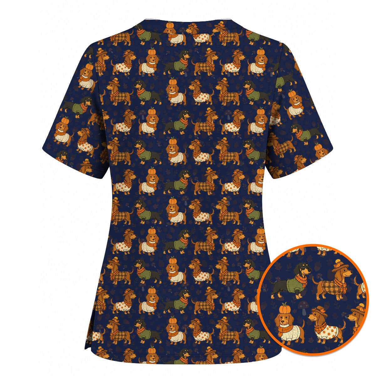 Autumn Dachshund Scrub Top, Cute Fall Wiener Dog Nursing Scrubs for Dog Lovers, Breathable Fabrics Nursing Uniform