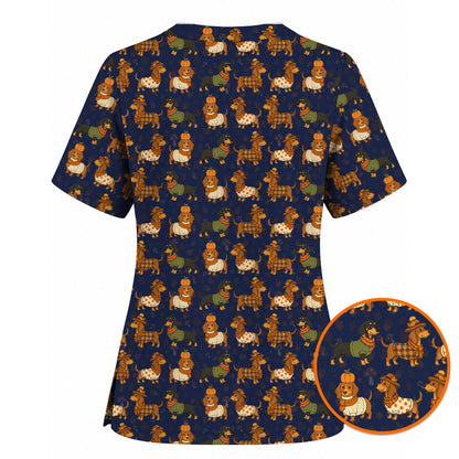 Autumn Dachshund Scrub Top, Cute Fall Wiener Dog Nursing Scrubs for Dog Lovers, Breathable Fabrics Nursing Uniform