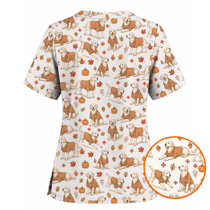 Fall Labrador Retriever Scrub Top, Autumn Labrador Nursing Uniform for Healthcare Workers, Comfortable Scrubs for Nurses