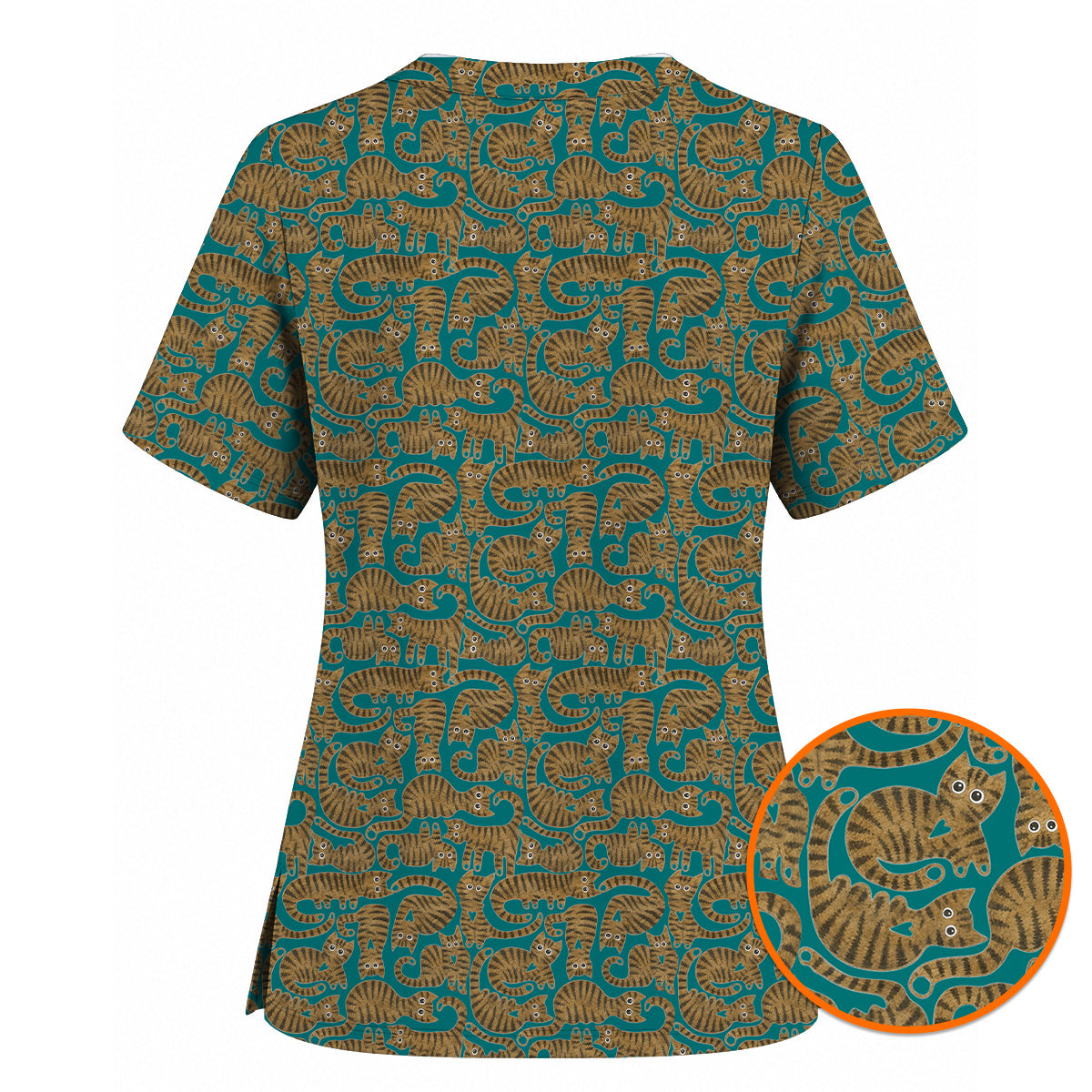 Cute Tabby Cat Pattern Scrub Top, Brown Tabby Cat Nursing Uniform for Cat Lovers, Comfortable Feline Scrubs for Nurses