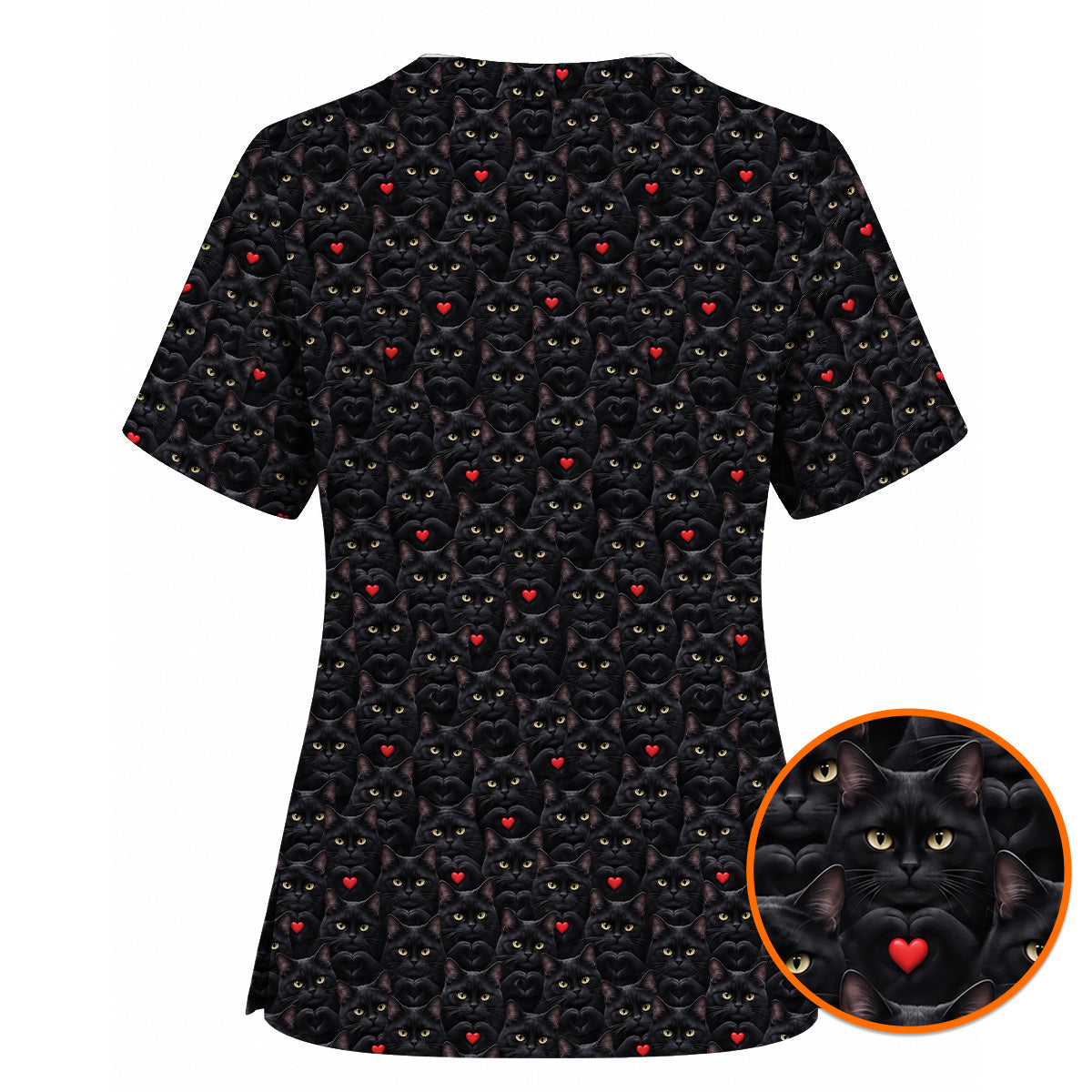 Black Cat Heart Pattern Nurse Scrub Top, Cute Cat Lover Scrubs For Nurses, Breathable Fabrics Nursing Uniform