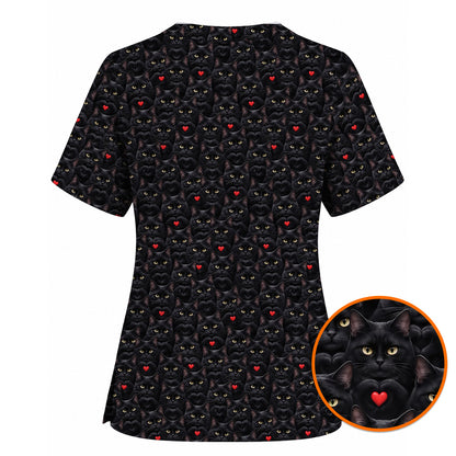Black Cat Heart Pattern Nurse Scrub Top, Cute Cat Lover Scrubs For Nurses, Breathable Fabrics Nursing Uniform