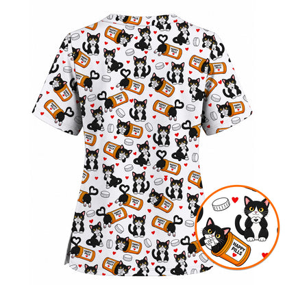 Cute Cat Nurse Scrub Top, Funny Happy Pills Medical Scrubs, Cat Lover Healthcare Uniform