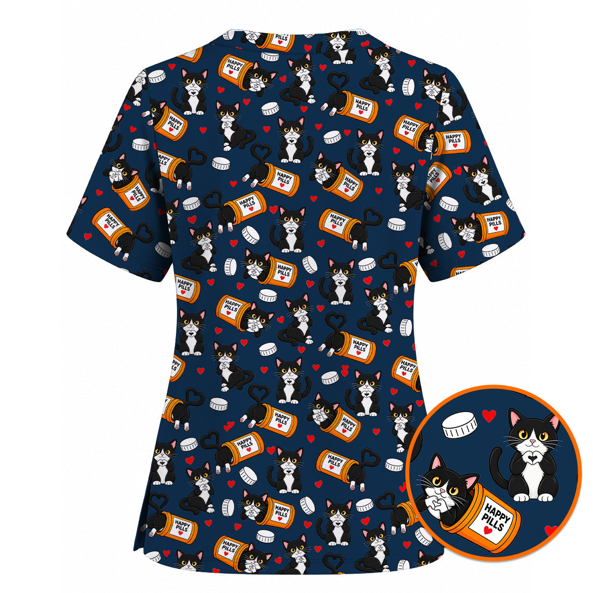 Cute Cat Nurse Scrub Top, Funny Happy Pills Medical Scrubs, Cat Lover Healthcare Uniform