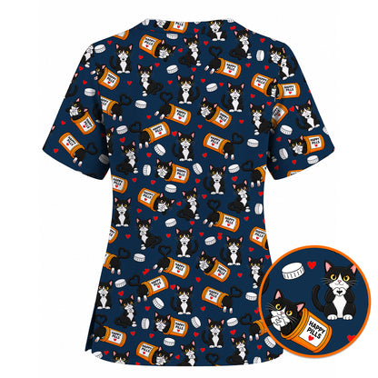 Cute Cat Nurse Scrub Top, Funny Happy Pills Medical Scrubs, Cat Lover Healthcare Uniform