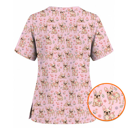 Floral French Bulldog Nurse Scrub Top, Cute Frenchie Flower Pattern Scrubs for Nurses, Dog Lover Healthcare Gift