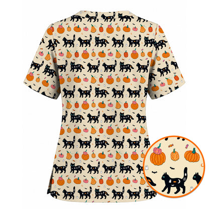Halloween Black Cat Scrub Top, Pumpkin Cat Print Scrubs, Spooky Nurse Uniform