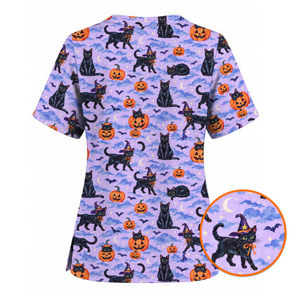 Black Cat Halloween Scrub Top, Witchy Pumpkin Nurse Scrubs, Spooky Season Healthcare Uniform