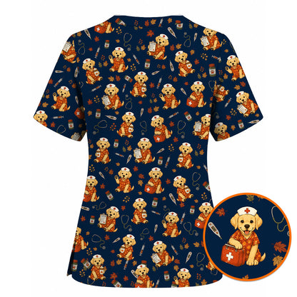Autumn Labrador Retriever Scrub Top, Fall Dog Nursing Uniform for Veterinary Professionals, Cozy Autumn Nurse Scrubs for Dog Lovers