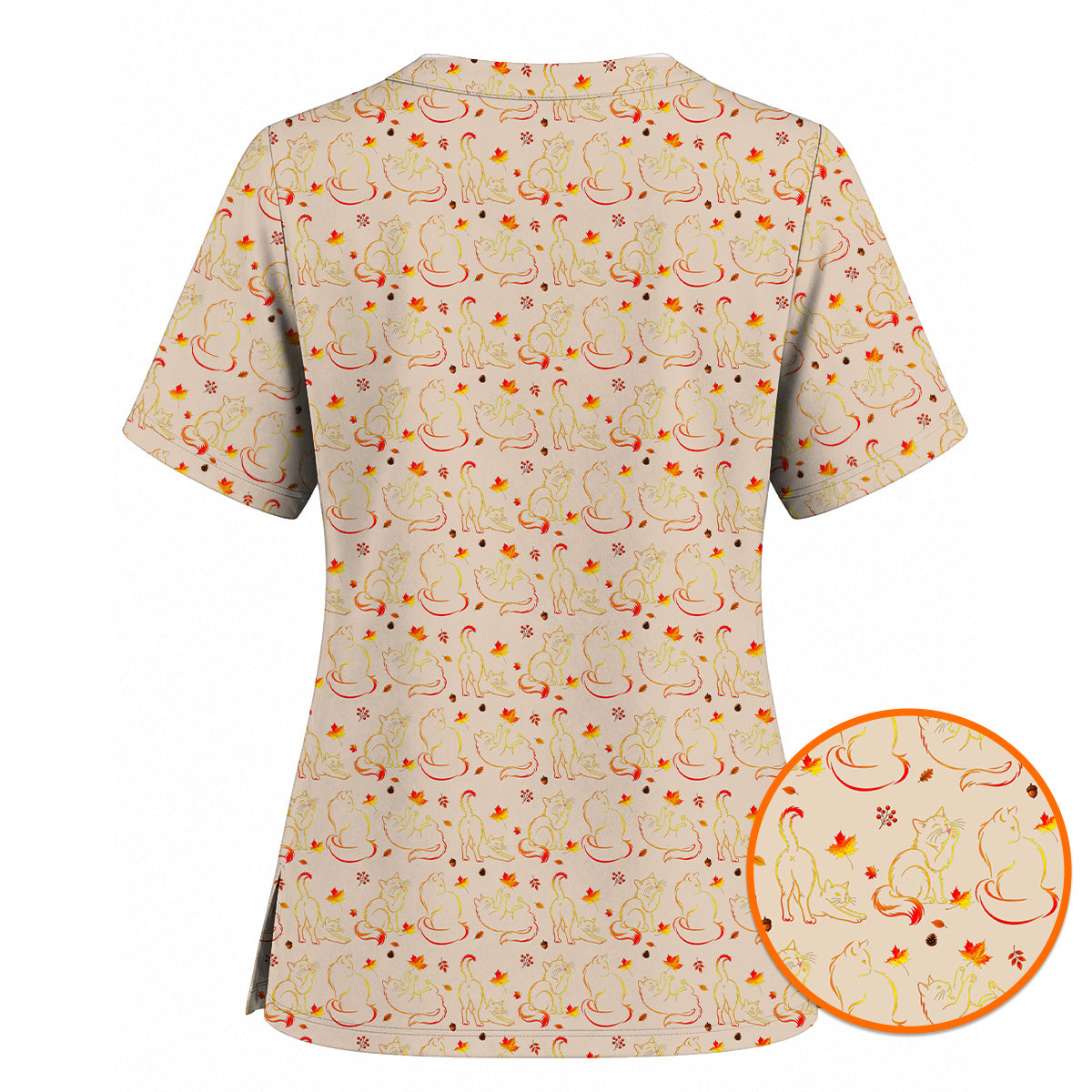 Autumn Black Cat Scrub Top, Fall Cat Nursing Uniform for Cat Lovers, Comfortable Feline Medical Scrubs For Nurse