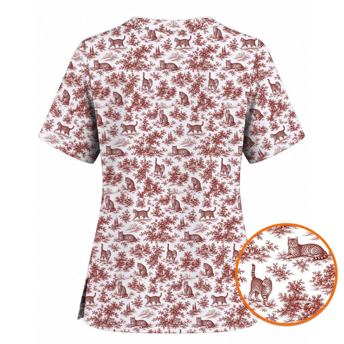 Toile de Jouy Cat Scrub Top, Crazy Cats Pattern Nursing Uniform for Cat Lovers, Vintage Feline Medical Scrubs