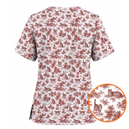 Toile de Jouy Cat Scrub Top, Crazy Cats Pattern Nursing Uniform for Cat Lovers, Vintage Feline Medical Scrubs