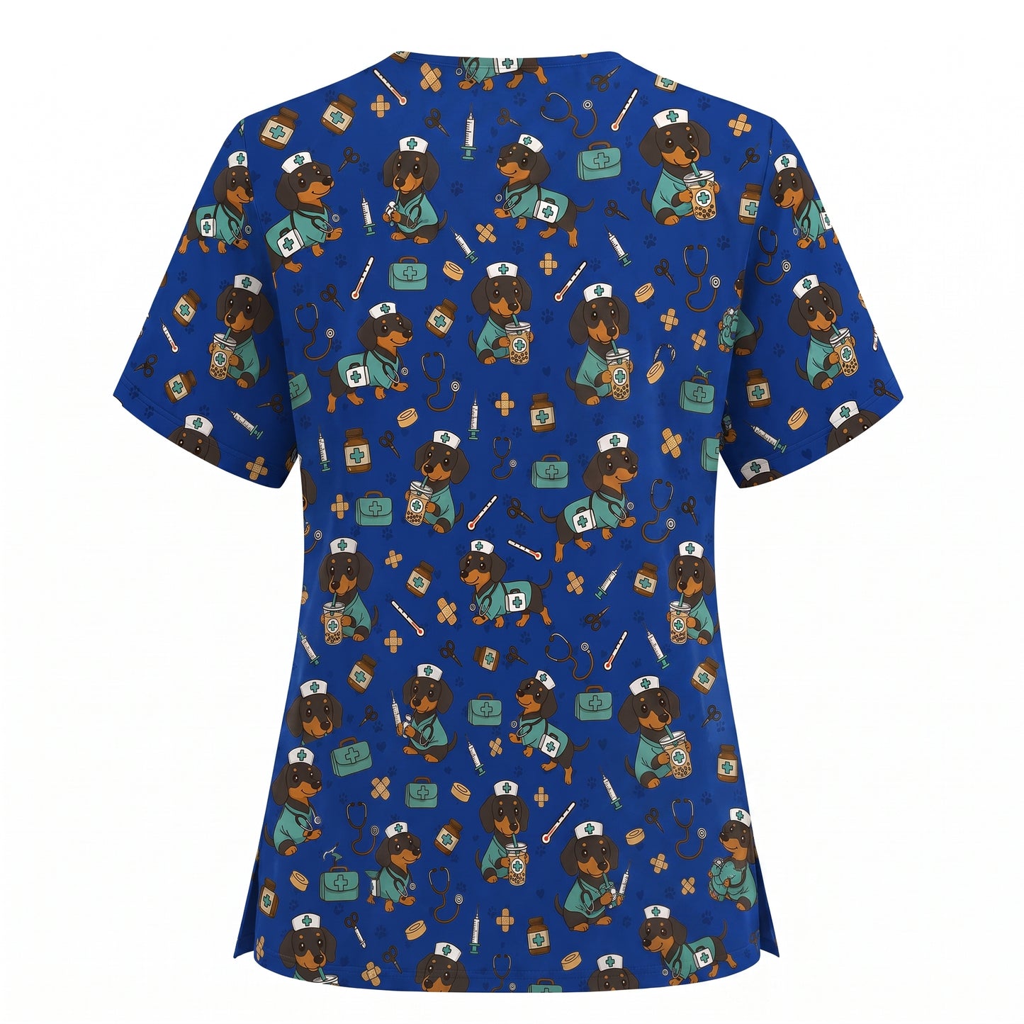 Funny Dachshund Pattern Medical Shirt Nursing, Cute Wiener Dog Nurse Scrub Top, Breathable Med Uniform, RN CNA Doctor Scrubs