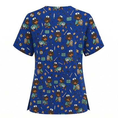 Funny Dachshund Pattern Medical Shirt Nursing, Cute Wiener Dog Nurse Scrub Top, Breathable Med Uniform, RN CNA Doctor Scrubs