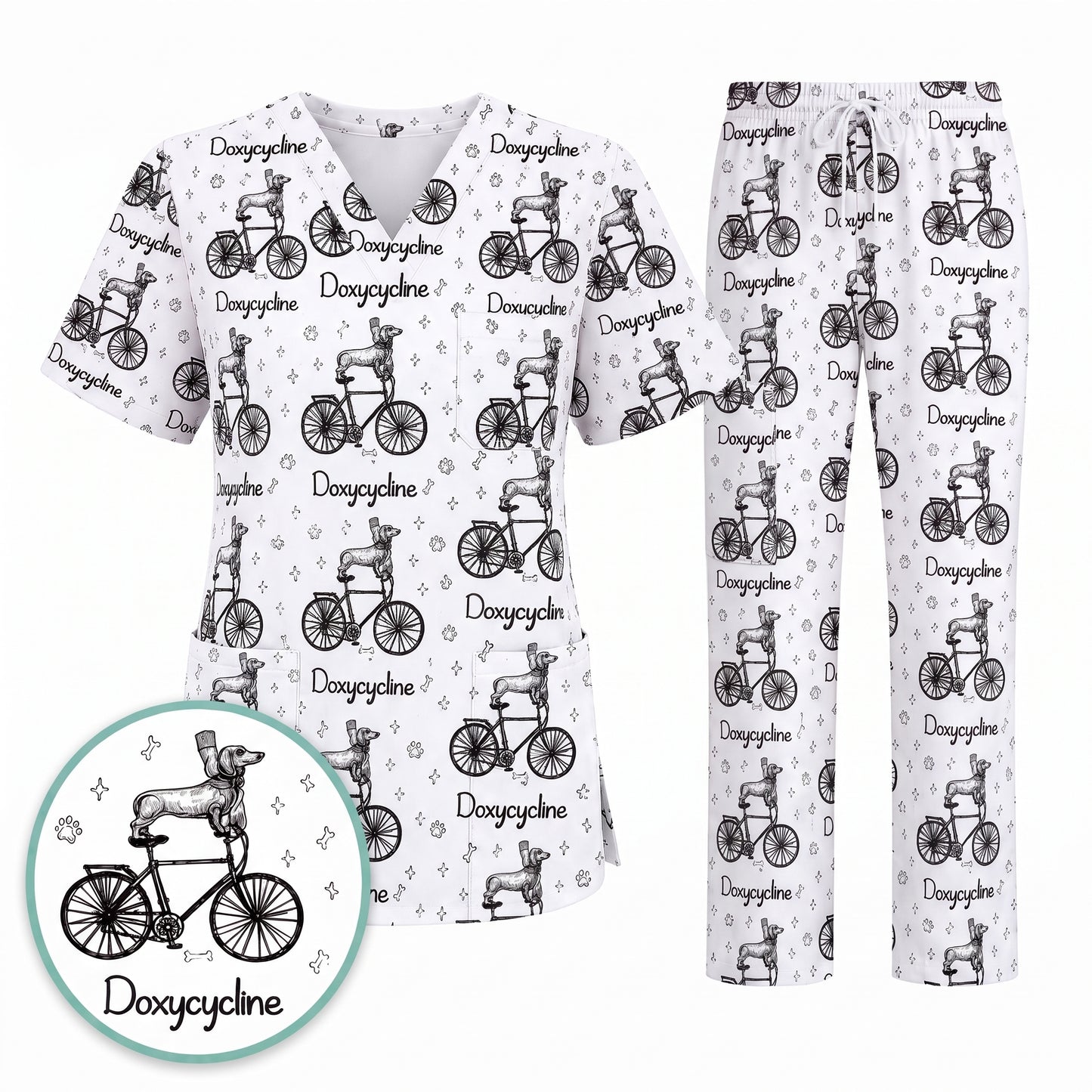 Funny Doxycycline Dog Bicycle Print Scrub Top, Comfortable Scrubs For Nurses, Dog Lover Nurse Shirt Medical Uniform RN LPN CNA Gift