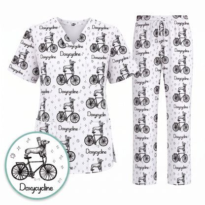 Funny Doxycycline Dog Bicycle Print Scrub Top, Comfortable Scrubs For Nurses, Dog Lover Nurse Shirt Medical Uniform RN LPN CNA Gift