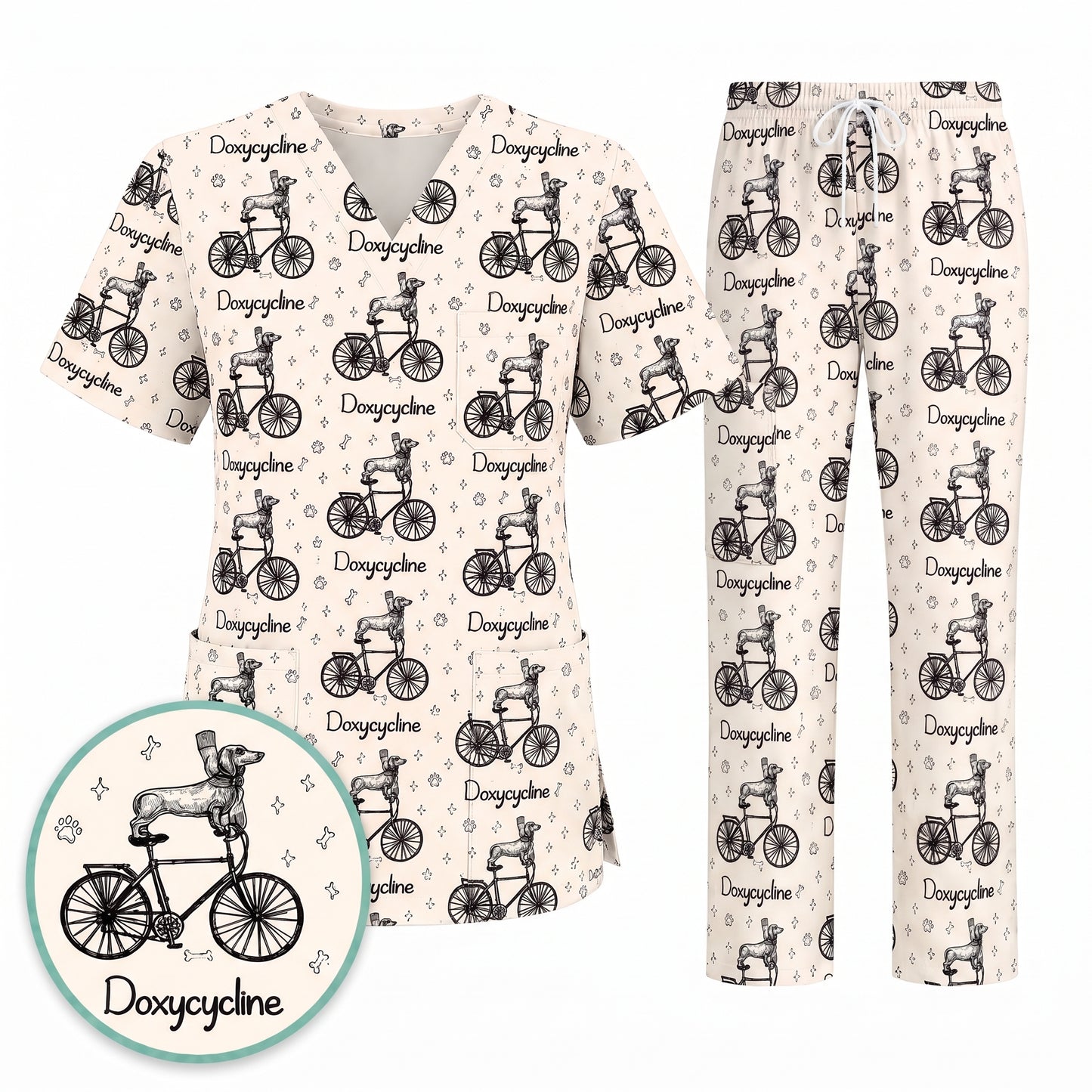 Funny Doxycycline Dog Bicycle Print Scrub Top, Comfortable Scrubs For Nurses, Dog Lover Nurse Shirt Medical Uniform RN LPN CNA Gift