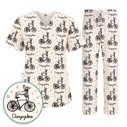 Funny Doxycycline Dog Bicycle Print Scrub Top, Comfortable Scrubs For Nurses, Dog Lover Nurse Shirt Medical Uniform RN LPN CNA Gift