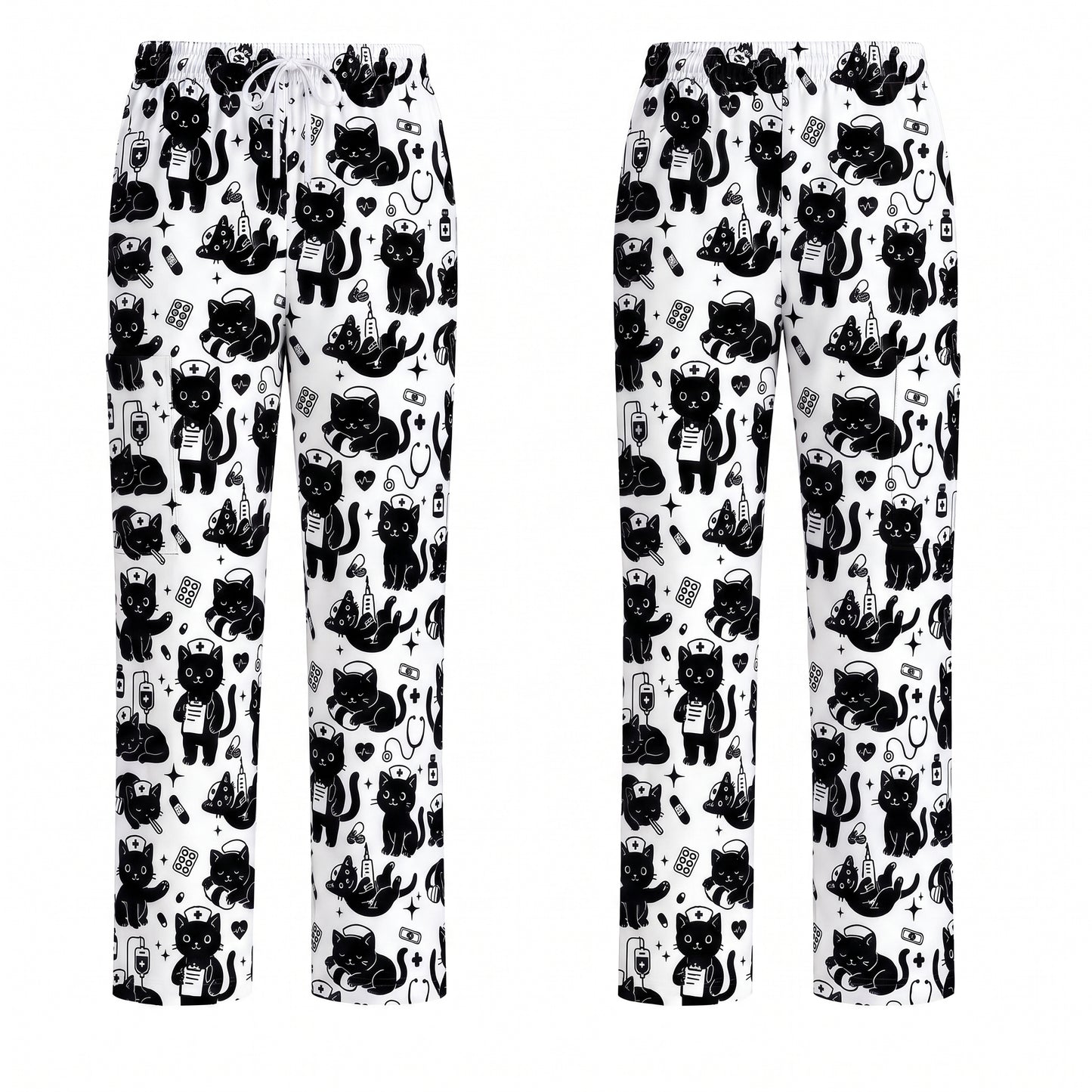 Funny Cat Pattern Scrub, Cute Black Cat Nurse Pattern Scrub Top, Breathable Fabrics Nursing Uniform