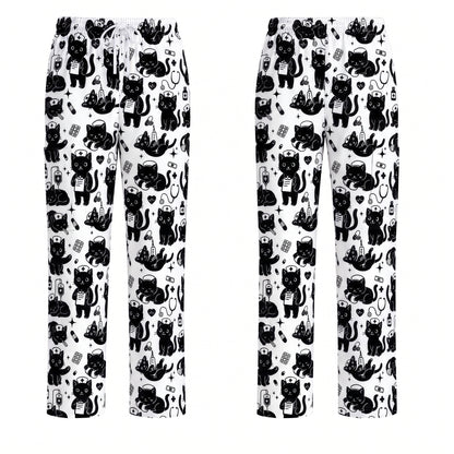 Funny Cat Pattern Scrub, Cute Black Cat Nurse Pattern Scrub Top, Breathable Fabrics Nursing Uniform