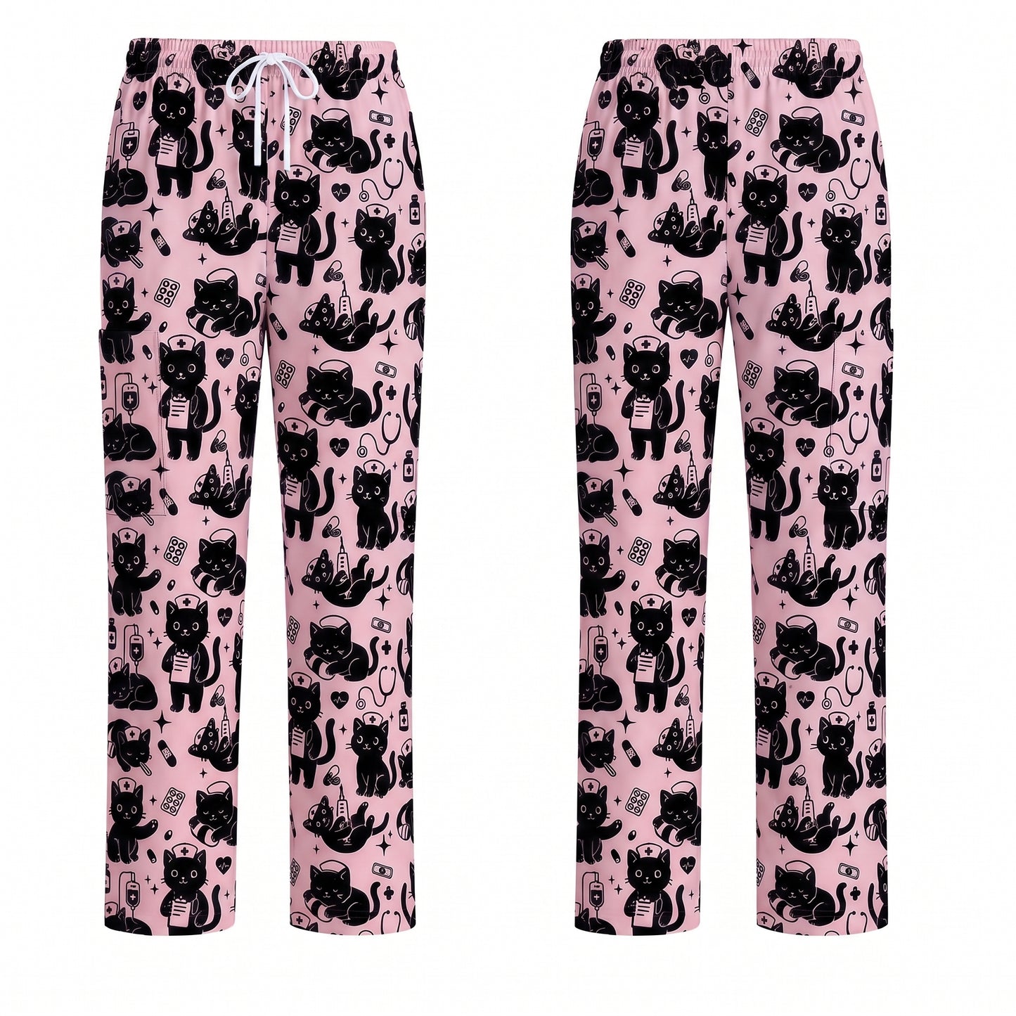 Funny Cat Pattern Scrub, Cute Black Cat Nurse Pattern Scrub Top, Breathable Fabrics Nursing Uniform