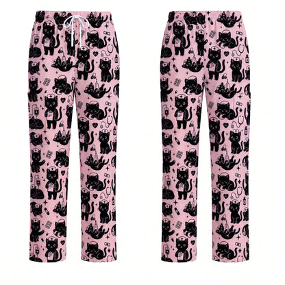 Funny Cat Pattern Scrub, Cute Black Cat Nurse Pattern Scrub Top, Breathable Fabrics Nursing Uniform