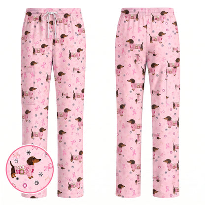 Pink Dachshund Breast Cancer Scrub Top, Puppy Dog Ribbon Nurse Shirt, Wiener Support Fight Cancer Medical Uniform Gift