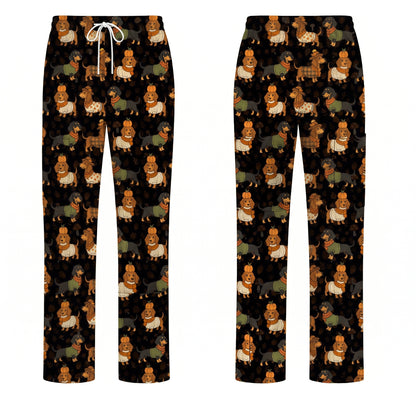 Autumn Dachshund Scrub Top, Cute Fall Wiener Dog Nursing Scrubs for Dog Lovers, Breathable Fabrics Nursing Uniform