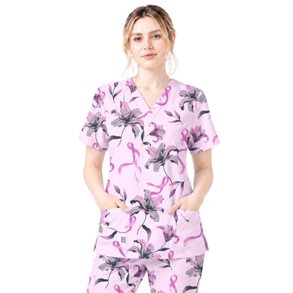 Breast Cancer Awareness Scrub Top for Women, Pink Ribbon Lily Floral Nursing Uniform, Support Breast Cancer Warrior Gift