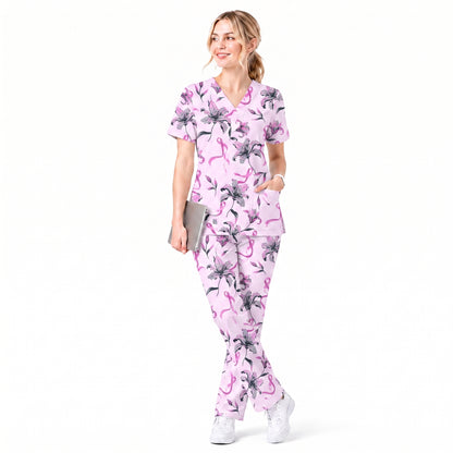 Breast Cancer Awareness Scrub Top for Women, Pink Ribbon Lily Floral Nursing Uniform, Support Breast Cancer Warrior Gift