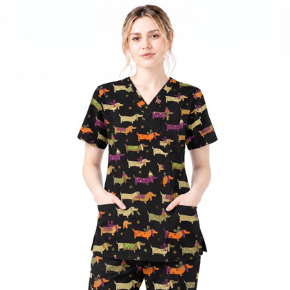 Funny Dachshund Pattern Scrub Top, Wiener Dog Nursing Scrub for Women, Breathable Veterinary Medical Uniform
