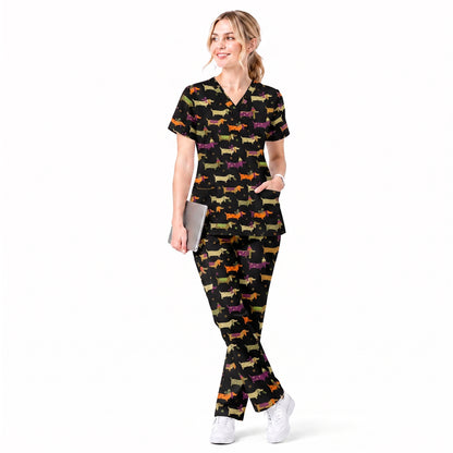 Funny Dachshund Pattern Scrub Top, Wiener Dog Nursing Scrub for Women, Breathable Veterinary Medical Uniform