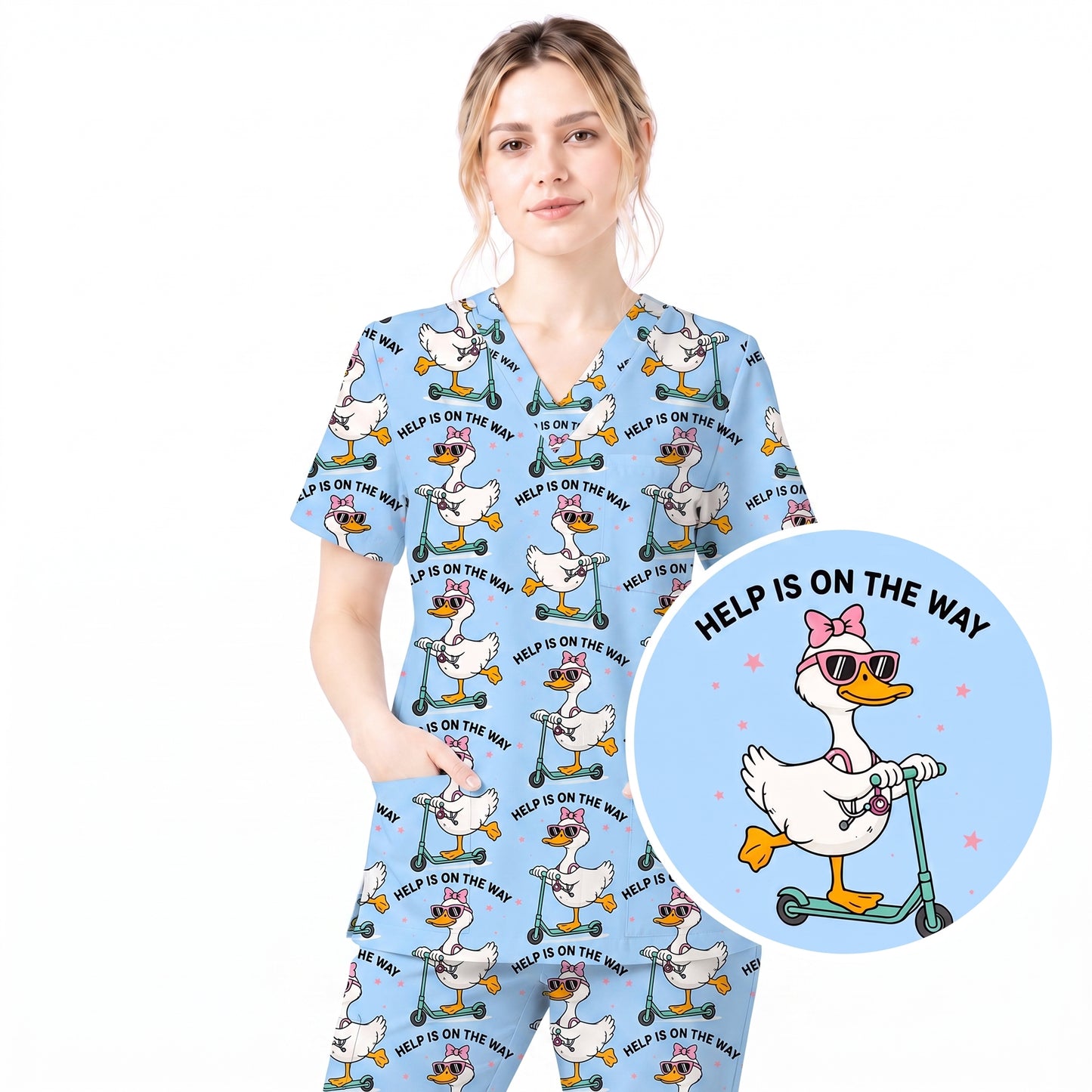 Help Is On The Way Nurse Goose Scrub Top, Funny Duck on Scooter Nursing Scrub Shirt, RN CNA LPN Veterinary Technicians Gift