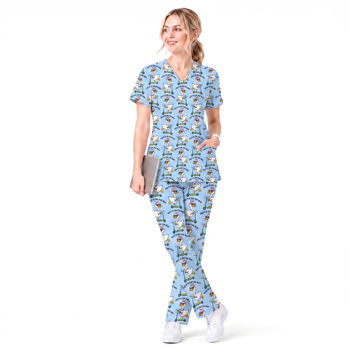 Help Is On The Way Nurse Goose Scrub Top, Funny Duck on Scooter Nursing Scrub Shirt, RN CNA LPN Veterinary Technicians Gift