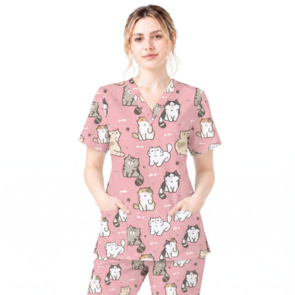 Funny Cat Scrub Set, Cute Cat Pattern Scrub For Nursing, Breathable Med Uniform