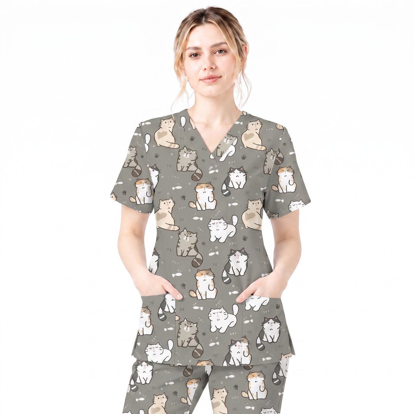 Funny Cat Scrub Set, Cute Cat Pattern Scrub For Nursing, Breathable Med Uniform