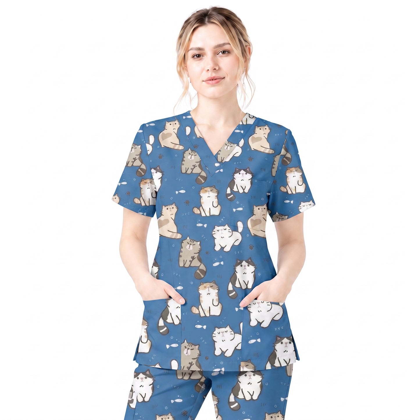 Funny Cat Scrub Set, Cute Cat Pattern Scrub For Nursing, Breathable Med Uniform