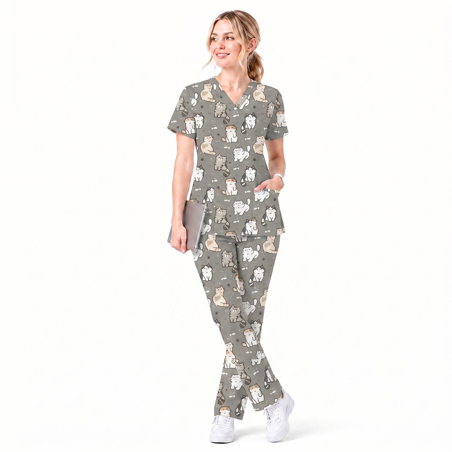 Funny Cat Scrub Set, Cute Cat Pattern Scrub For Nursing, Breathable Med Uniform