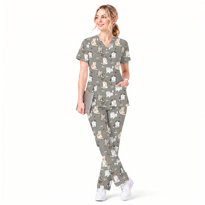 Funny Cat Scrub Set, Cute Cat Pattern Scrub For Nursing, Breathable Med Uniform