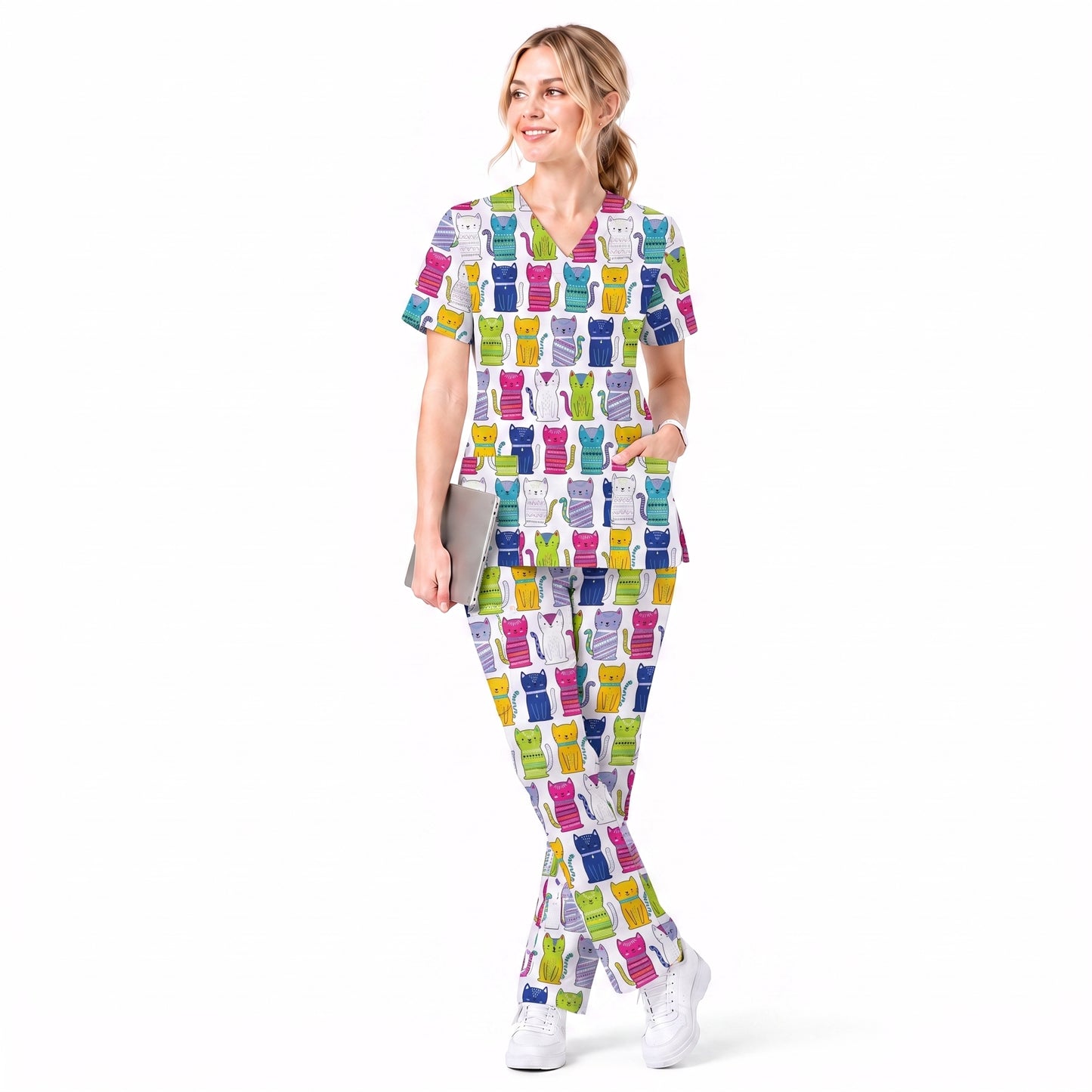 Funny Cat Scrub Top for Women, Cute Rainbow Cats Nursing Uniform, Gift for RN LPN CNA Veterinary Healthcare Professionals
