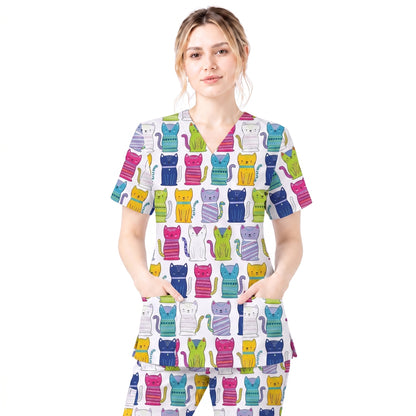Funny Cat Scrub Top for Women, Cute Rainbow Cats Nursing Uniform, Gift for RN LPN CNA Veterinary Healthcare Professionals