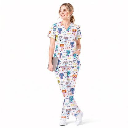 Cat Meow Pattern Scrub Top, Funny Cats Scrub Top for Women, Breathable Fabrics Nursing Uniform