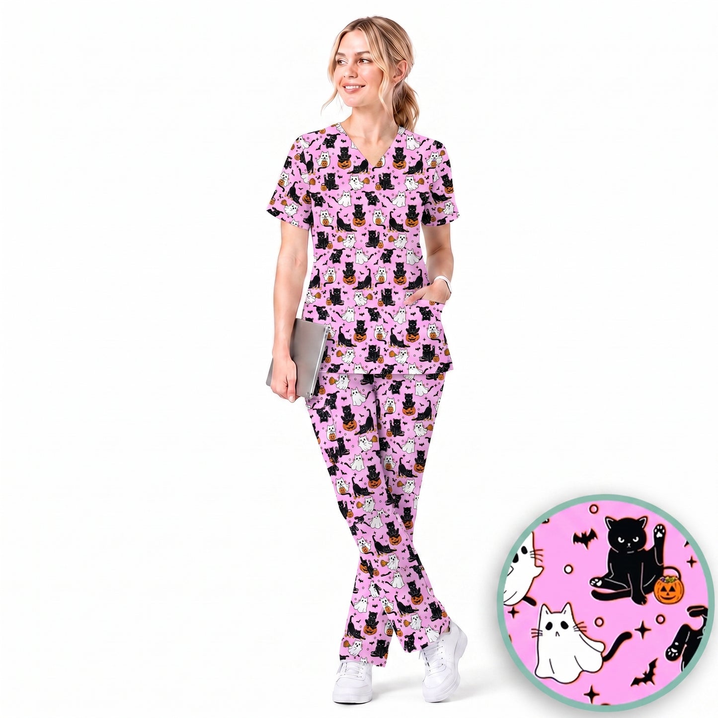 Halloween Cat Ghost Pumpkin Pattern Scrub Set, Scrub Pants and V Neck Top, Breathable Fabrics Nursing Uniform