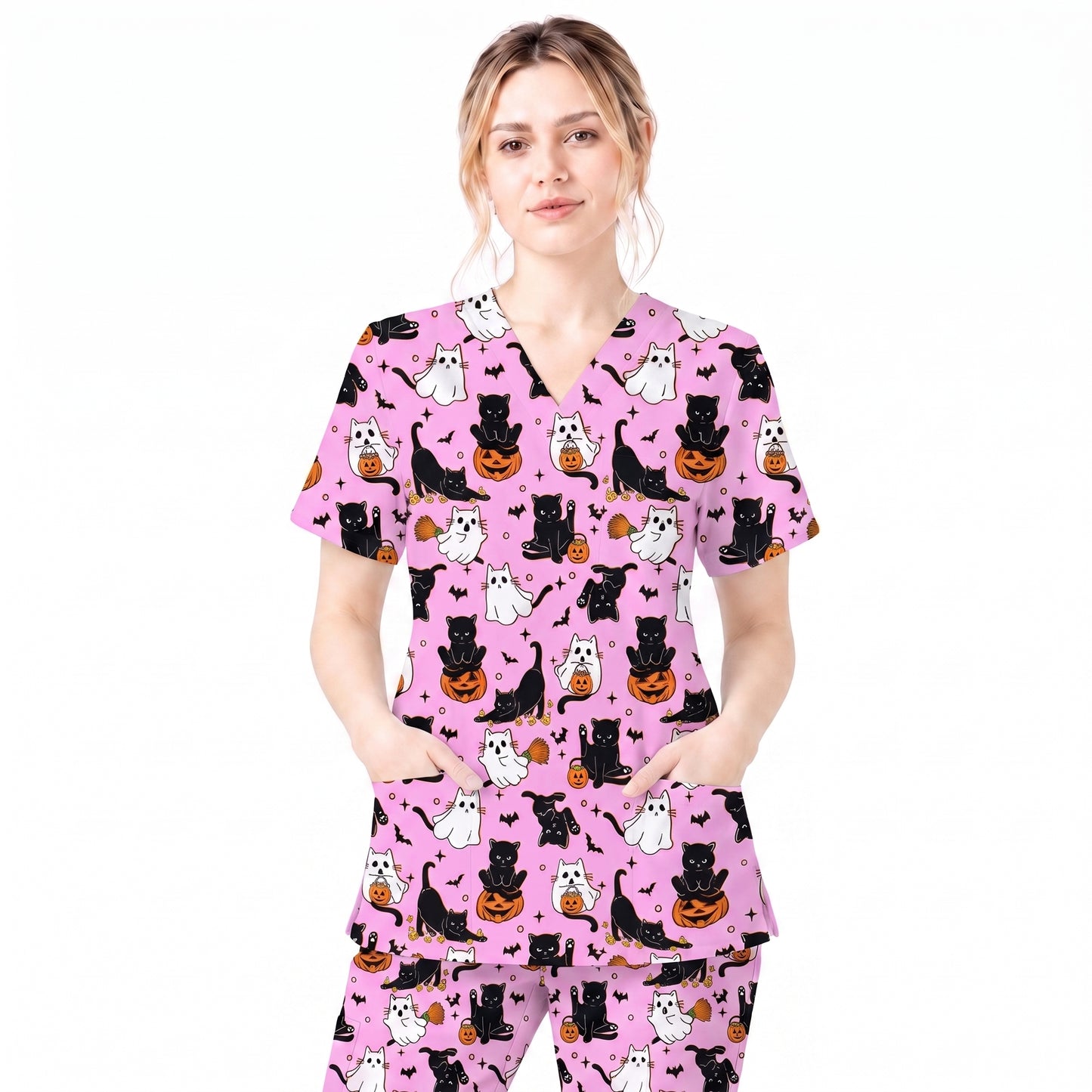 Halloween Cat Ghost Pumpkin Pattern Scrub Set, Scrub Pants and V Neck Top, Breathable Fabrics Nursing Uniform