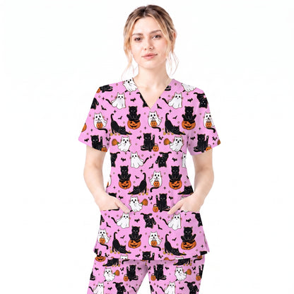 Halloween Cat Ghost Pumpkin Pattern Scrub Set, Scrub Pants and V Neck Top, Breathable Fabrics Nursing Uniform