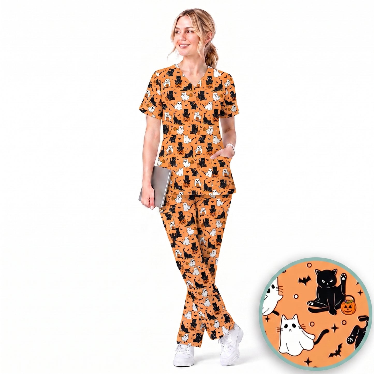 Halloween Cat Ghost Pumpkin Pattern Scrub Set, Scrub Pants and V Neck Top, Breathable Fabrics Nursing Uniform