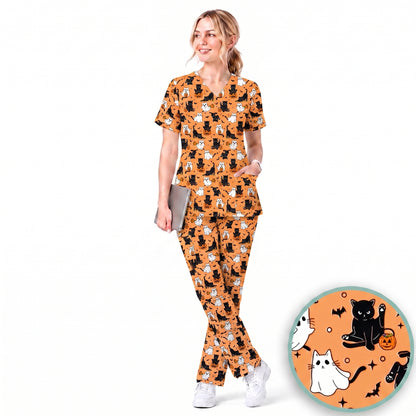 Halloween Cat Ghost Pumpkin Pattern Scrub Set, Scrub Pants and V Neck Top, Breathable Fabrics Nursing Uniform