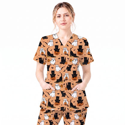 Halloween Cat Ghost Pumpkin Pattern Scrub Set, Scrub Pants and V Neck Top, Breathable Fabrics Nursing Uniform